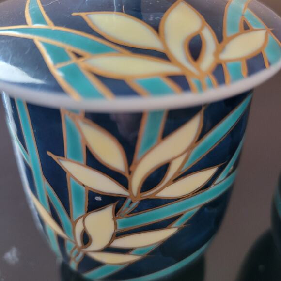 Vintage Asian Art Cups with Lids Flowers Leaves Edged in Gold Tone Hand Painted - Picture 3 of 8